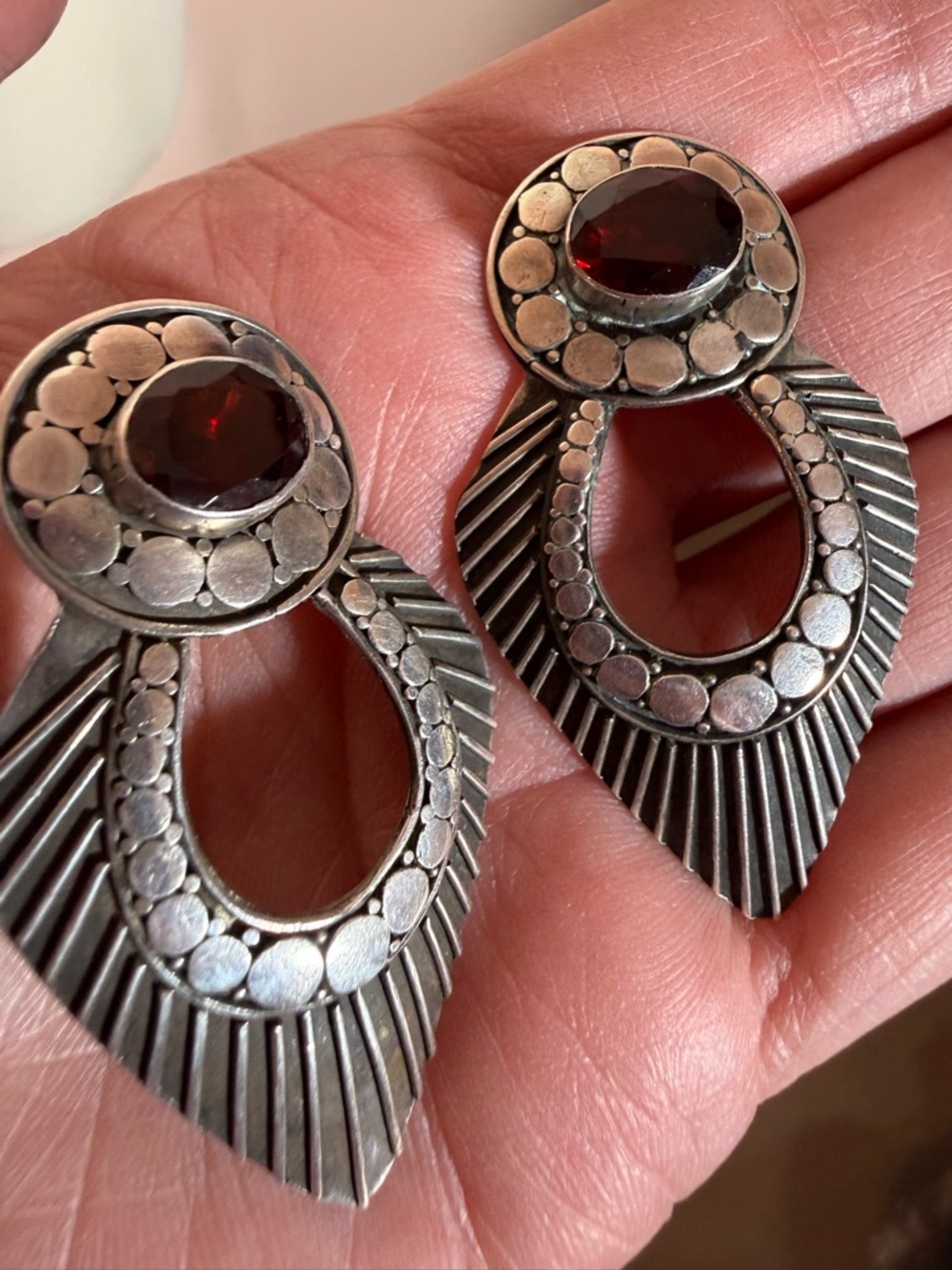 Vintage sterling silver dotted pebble Southwestern oversized Garnet Earrings